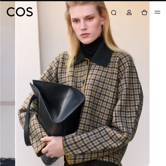 COS Sculpted Merino Wool Short Jacket Beige Checked Size Large - Picture 3 of 12